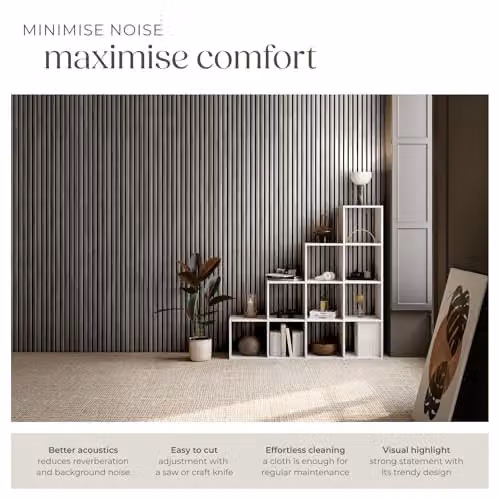tectake Set of 2 Acoustic Wall Panels with Real Wood Veneer and MDF, Sound-Absorbing Wood Slats with Felt Fabric, Light Grey Oak, W: 120 cm, H: 60 cm, D: 2.1 cm – 3