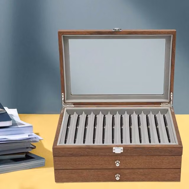 NESTLUNE 34 Slot Walnut Wood Fountain Pen Display Case with Transparent Lid in Brown – 1