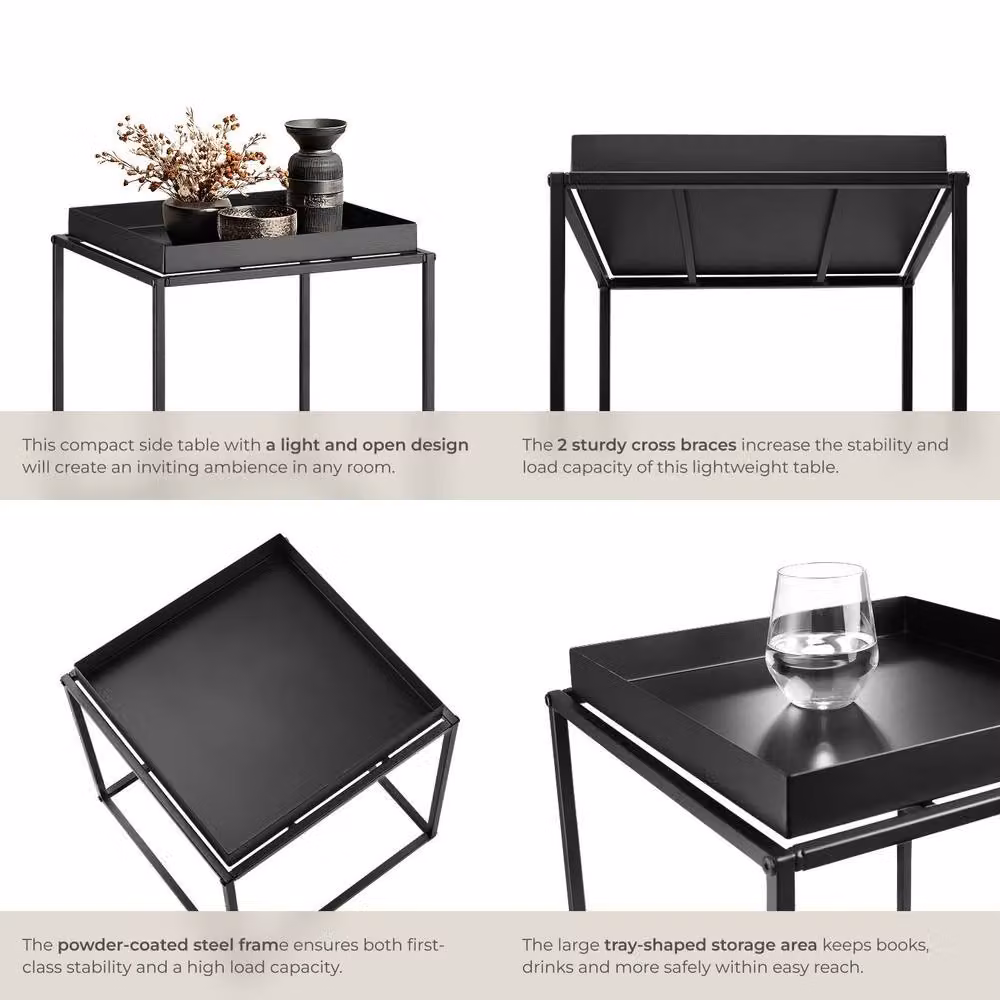 tectake Cambridge Bedside Table with Tray-Shaped Shelf, Black, W/D/H: 40 x 40 x 44 cm – 4