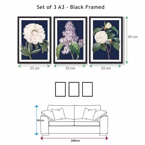 ARTZE Set of 3 Navy Blue Floral Botanical Wall Art Illustrations with Black Frames, W: 33 cm, H: 45 cm, D: 2 cm – 2