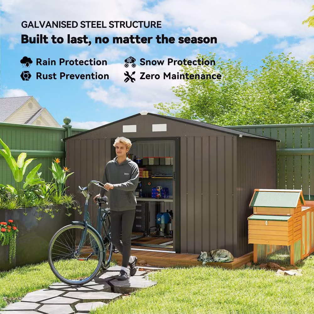 Rolipo Brown Metal Garden Shed with Foundation Kit and Double Doors, W: 274.3 cm, D: 182.9 cm, H: 192.0 cm – 5