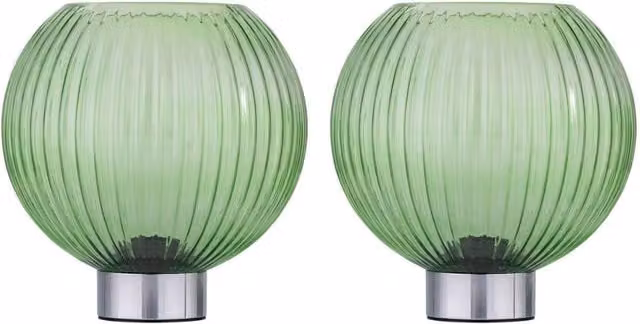 First Choice Lighting Betchley Set of 2 Battery Operated Chrome Table Lamps with Green Glass