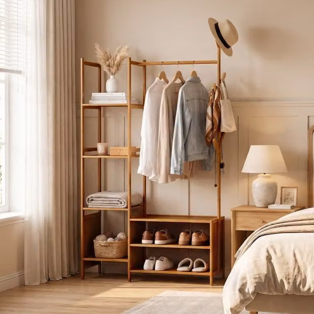 Livingandhome Scandinavian Style Multifunctional Wood Coat Rack with Dual Hook and Rail Matrix in Brown
