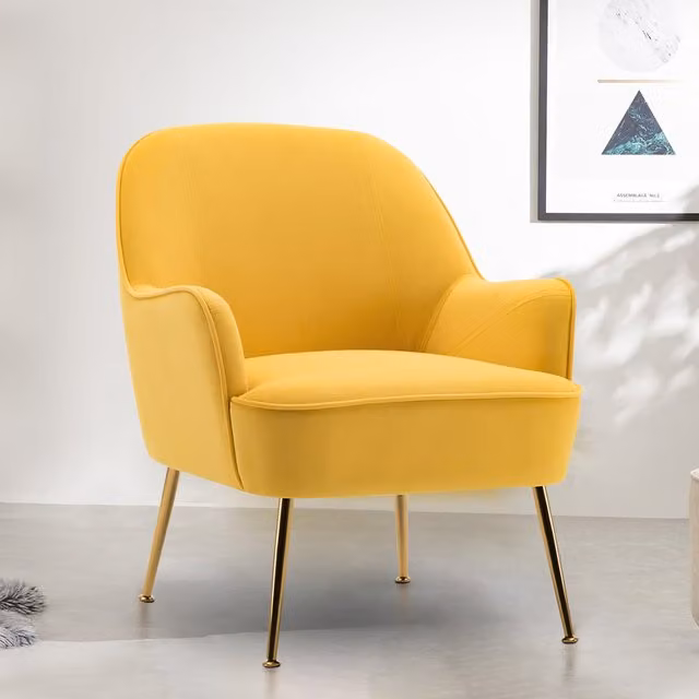 Livingandhome Modern Yellow Velvet Tub Armchair with Gold Metal Feet