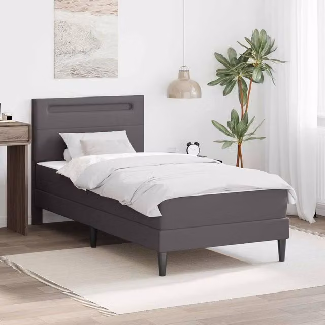 Berkfield Home Upholstered Grey Faux Leather Bed Frame with Under-Bed LED Strip Lights, W/D/H: 90 x 190 cm