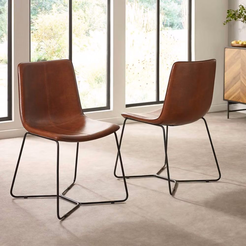 Cheshire Quinton Set of 2 Brown PU Leather Industrial Dining Chairs with Cantilever Base – 3