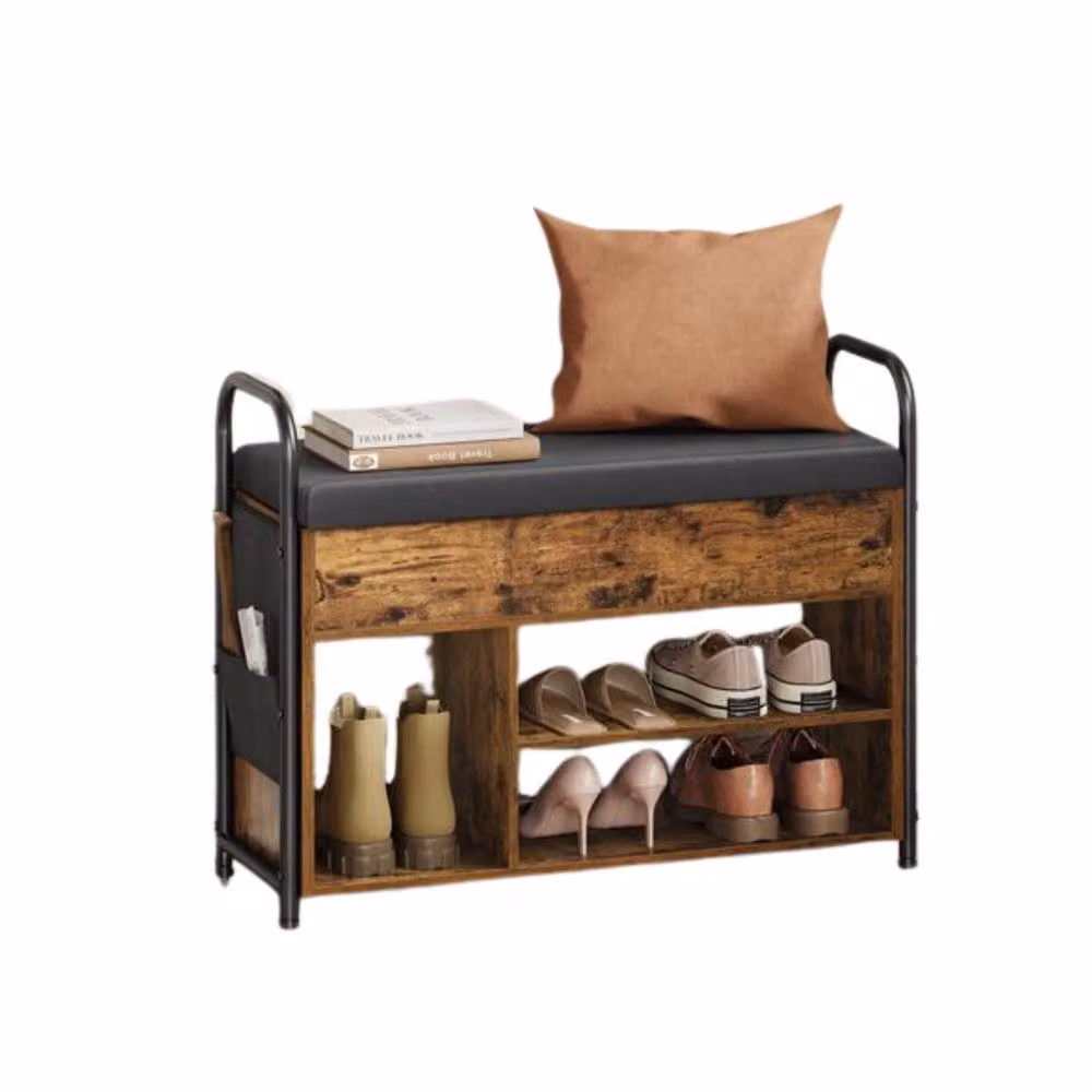 Pirlo Plush Brown Shoe Storage Bench with Cushioned Seat and Open Shelves – 4