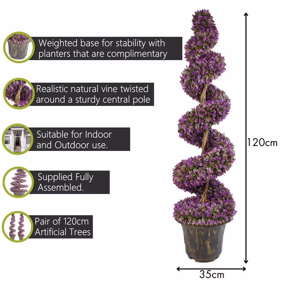 Pegdev Pair of Purple Artificial Boxwood Spiral Trees with Planters, Height: 120 cm – 2