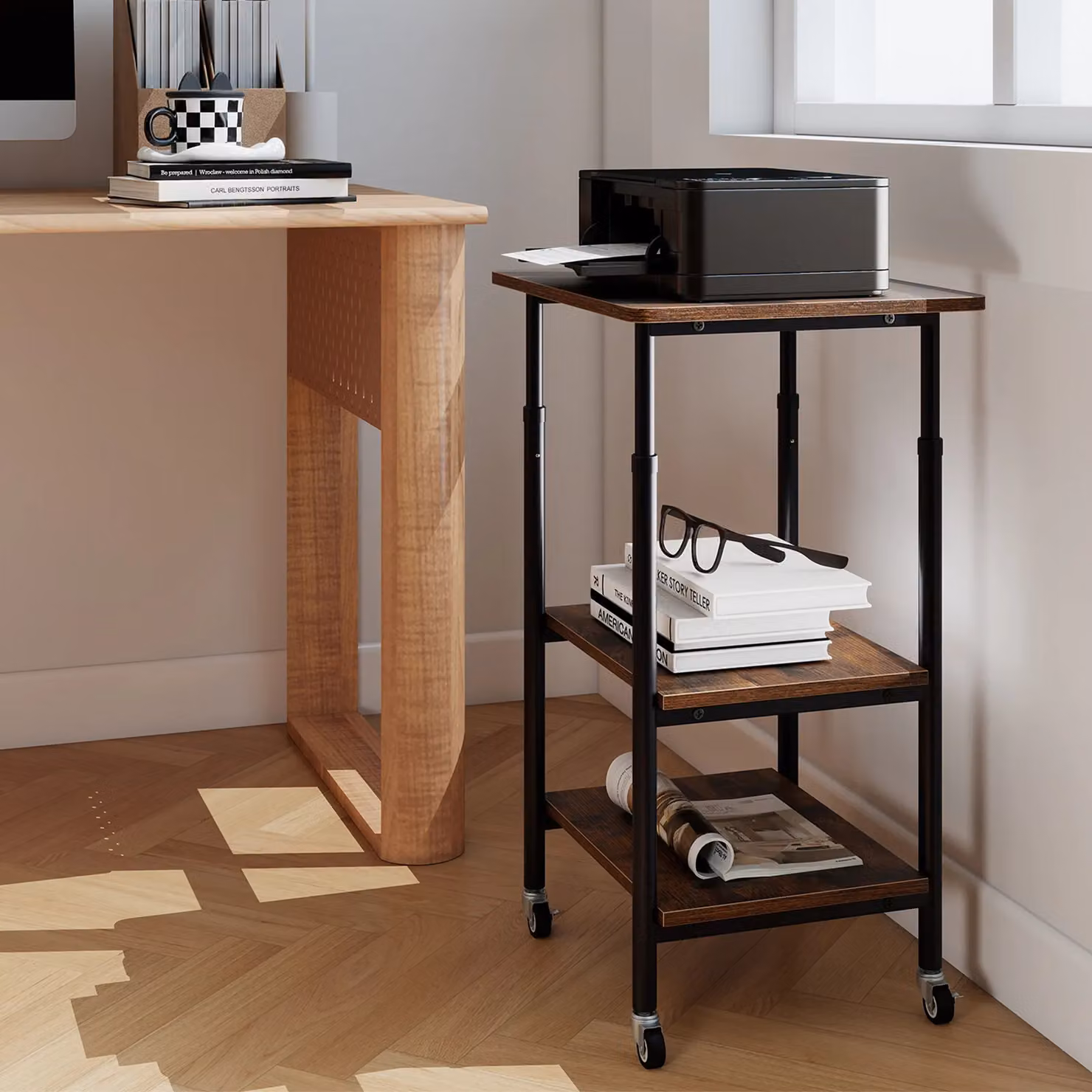 Costway 3-Tier Height Adjustable Printer Stand and Cart with Storage in Brown – 2