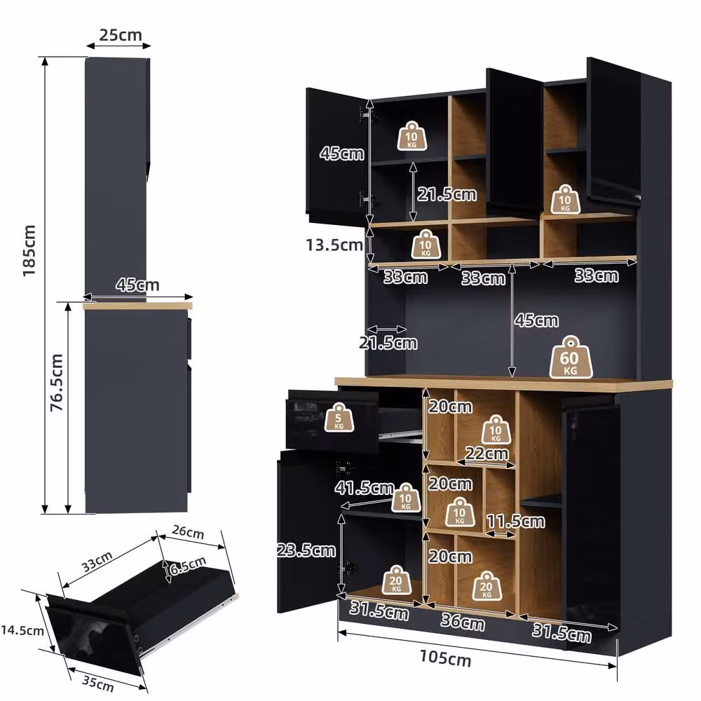 Rolipo Tall Kitchen Cabinet and Buffet Sideboard in Black High-Gloss Finish, Height: 185 cm – 3