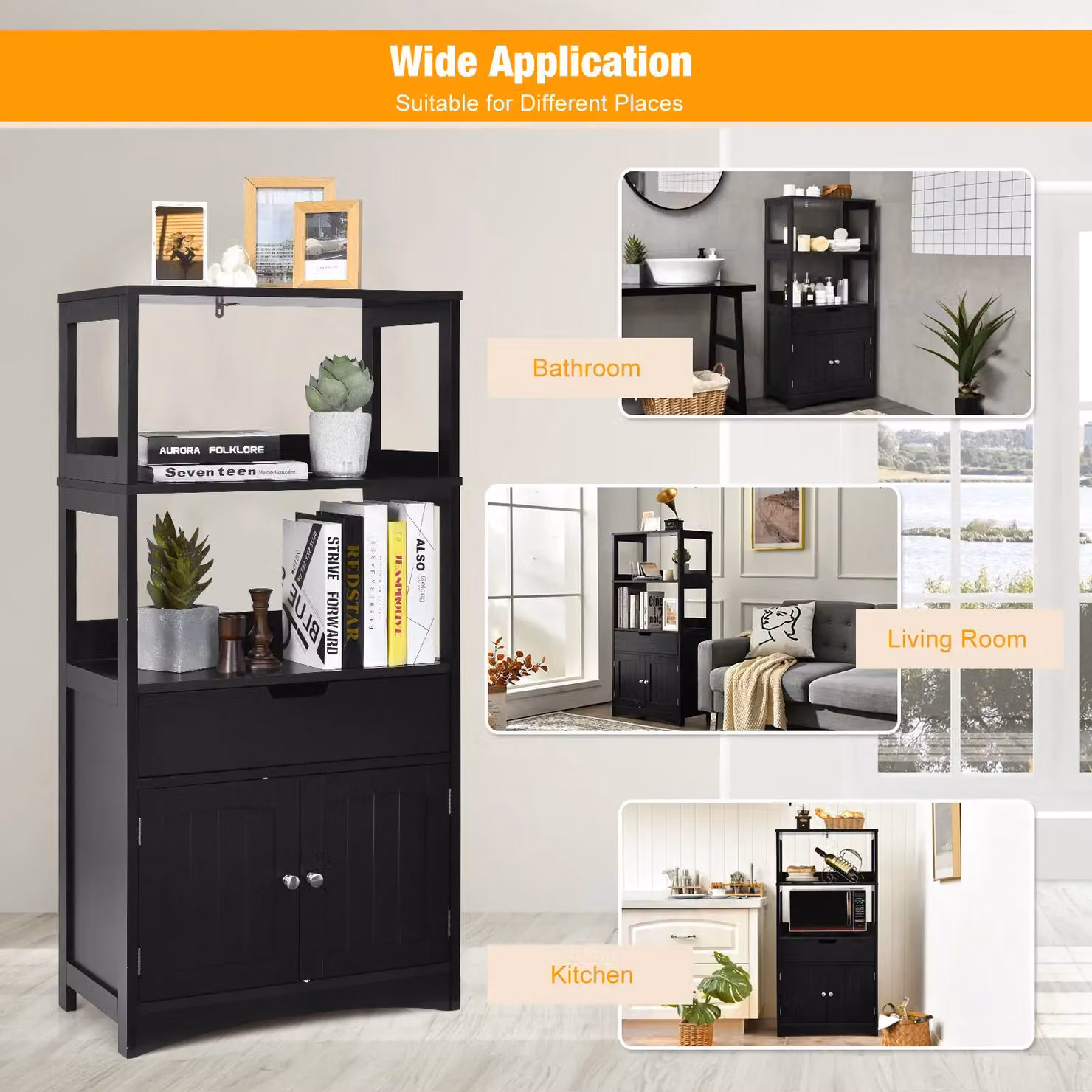 Costway Black Wooden Tall Freestanding Bathroom Floor Cabinet with 2 Open Shelves and Internal Storage – 5