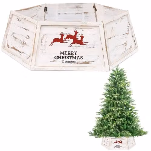 Shatchi White Hexagon Wooden Christmas Tree Collar and Stand Base Cover