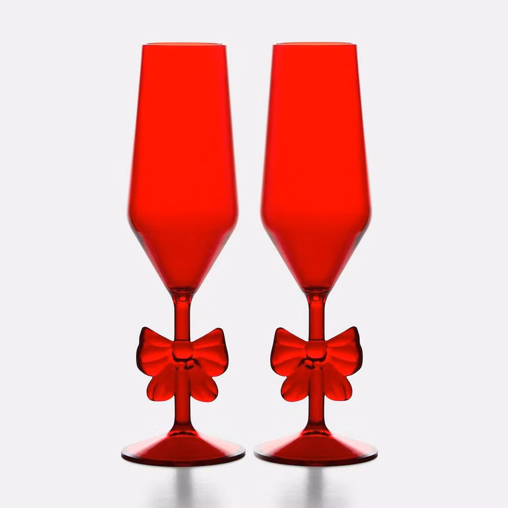 OHS Set of 2 Red Plastic Bow Shaped Champagne Flute Glasses – 2
