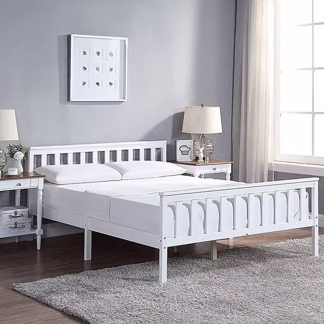 Home Treats White Lacquered Solid Pine Wooden Bed Frame W/D/H: 195.0 x 120 x 81.5 cm