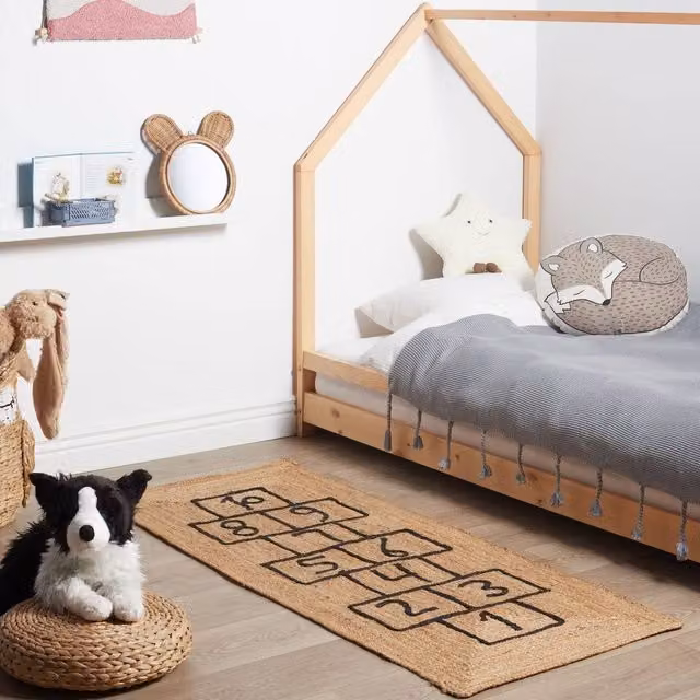 Wyld and Coco Natural Jute Rectangular Braided Rug with Checkerboard Motif in Black and Sand, W: 60 cm, L: 150 cm – 1