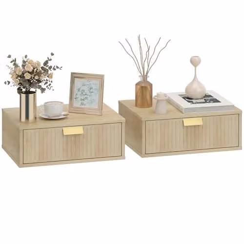 HOMCOM Set of 2 Modern Floating Nightstands with Wave Drawers in Oak, W: 40 cm, D: 30 cm, H: 15 cm