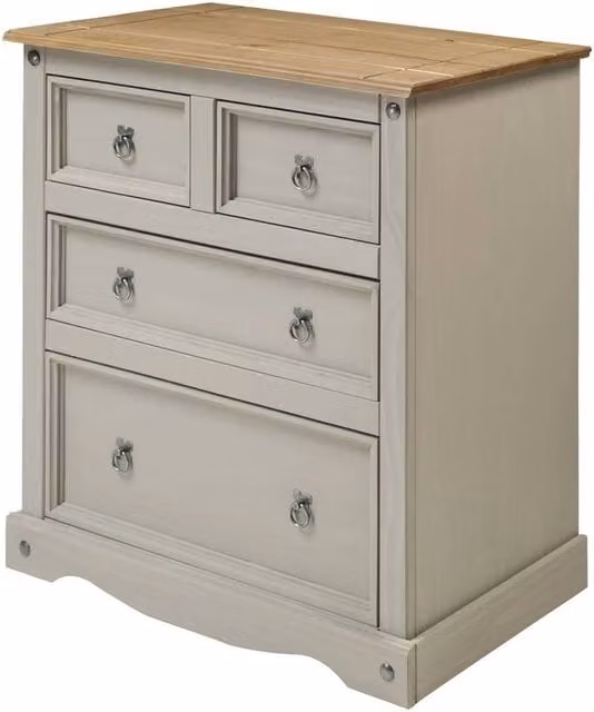 NESTLUNE Grey Compact 2+2 Solid Wood Pine Chest of Drawers with Metal Accents, W: 100 cm, D: 15 cm