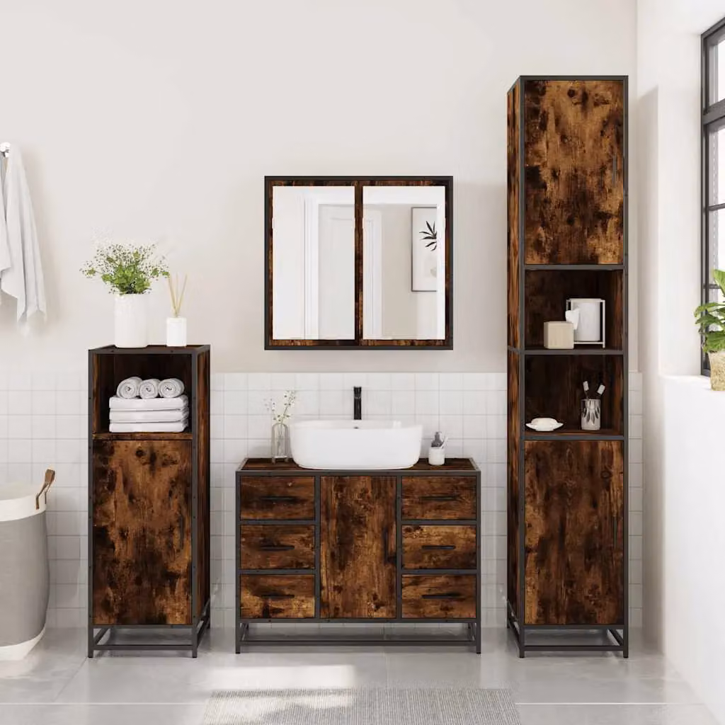 Berkfield Home 4-Piece Industrial Bathroom Furniture Set in Smoked Oak and Brown – 4