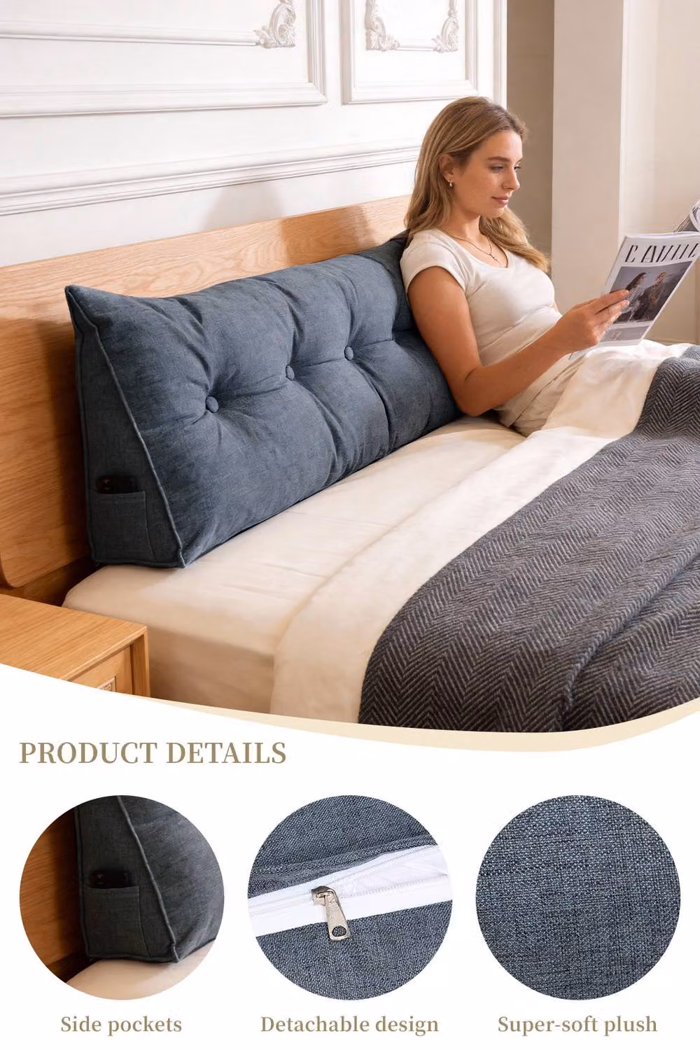 Living and Home Multifunctional Wedge Headboard Pillow with Side Pocket in Dark Grey, Medium – 2