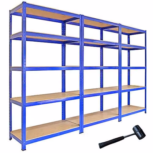 Monstershop T-Rax Pack of 3 Heavy Duty Steel Garage Shelving Units, Blue, H x W x D: 182.5 x 90 x 45 cm – 1