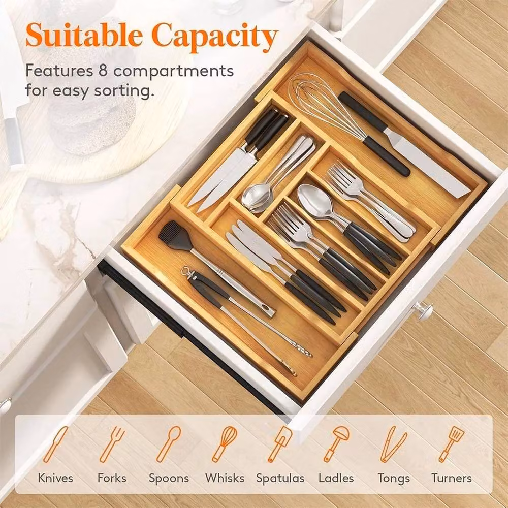 NESTLUNE Large Extendable Bamboo Cutlery Tray with 6-8 Compartments in Brown – 2