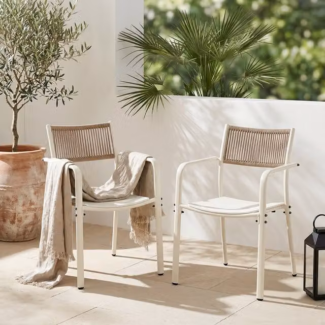 Core Products Pair of Modern White Matt Metal Garden Bistro Armchairs with Rope Back Effect