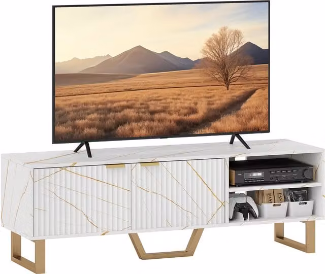 HOMCOM Modern Marble Effect TV Unit in White and Gold with Fluted Doors and Storage Shelves for TVs up to 70 inch – 1