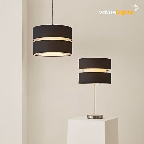 MiniSun Modern 2 Tier Black and White Fabric Cylinder Ceiling Light Shade with 10W Warm White LED Bulb, Width: 35 cm – 4