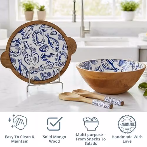 Hartsmede Mango Wood Salad Bowl with Lid and Spoons, Ocean Blue – 7