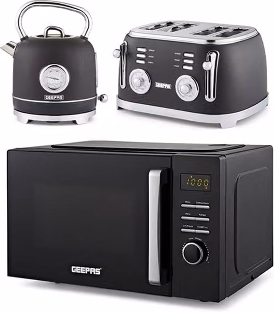 Geepas Retrovive Black Kettle 1.8 l, Toaster Set and 23 l Digital Microwave – 1