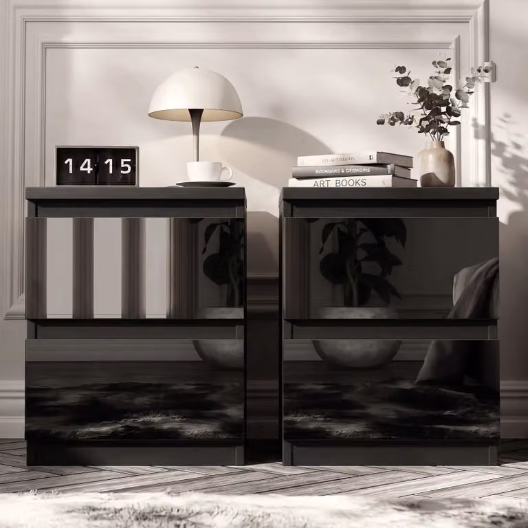DHS Set of 2 High Gloss Black Bedside Tables with 2 Drawers
