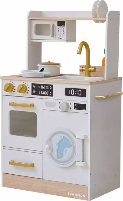 Teamson Kids Wooden Play Kitchen with Mini Garden and Washing Machine in White