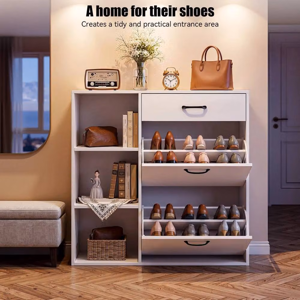 EONLION 4 Tier White Shoe Storage Cabinet with Tilting Compartments and Hinged Doors, W: 100 cm, H: 90 cm, D: 20 cm – 3