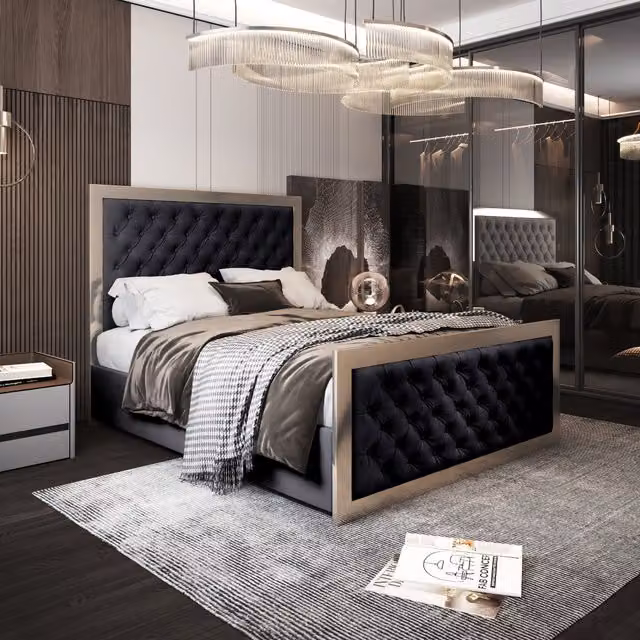 Emia Upholstered Velvet Metal Bed Frame in Black, 140 x 200 cm