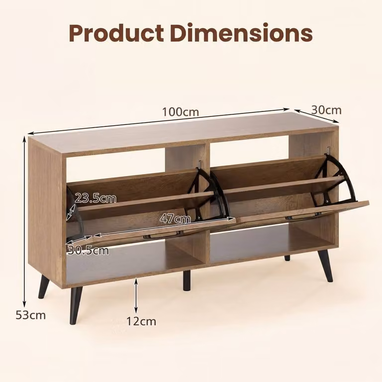 Gymax Freestanding Narrow Shoe Storage Cabinet with Hinged Doors and Open Shelves in Brown