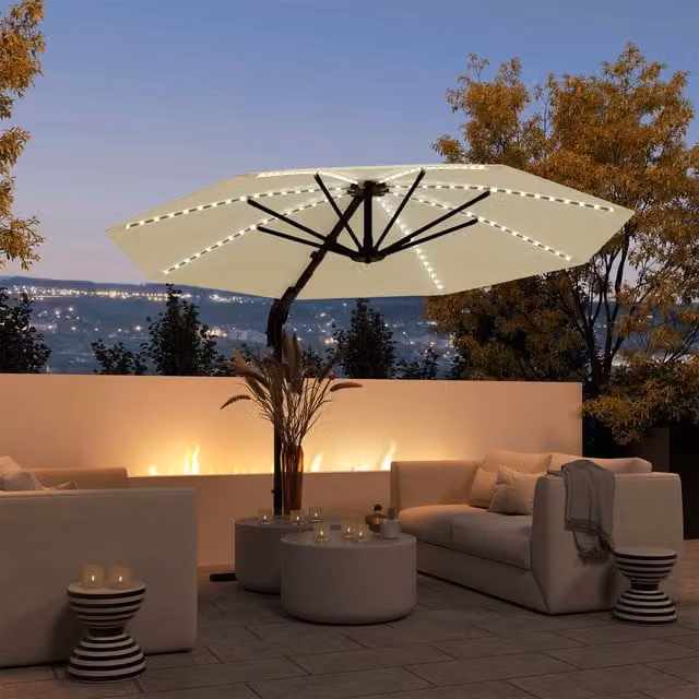 Outsunny 3m Garden Parasol with Lights and Crank Handle in White