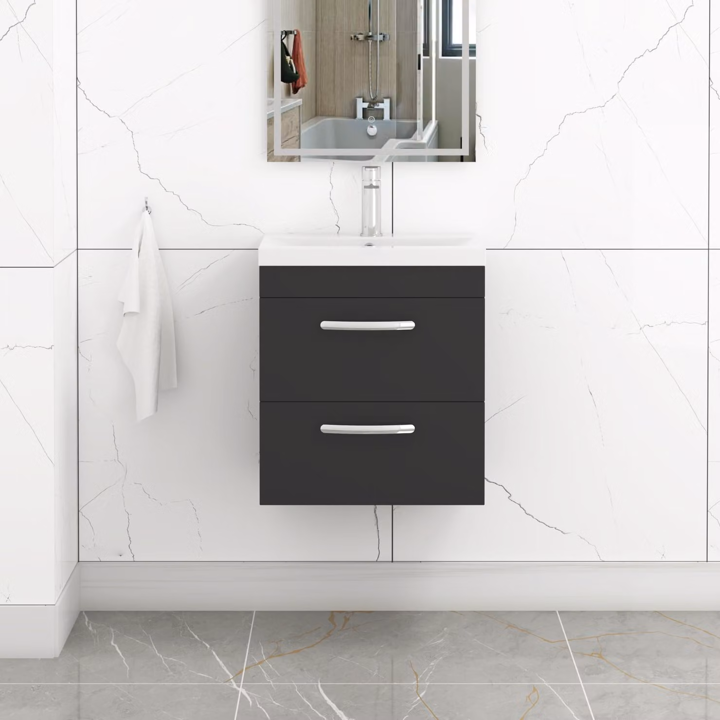 Royal Bathrooms Turin Matt Black 2 Drawer Wall Hung Vanity Unit with Mid-Edge Basin