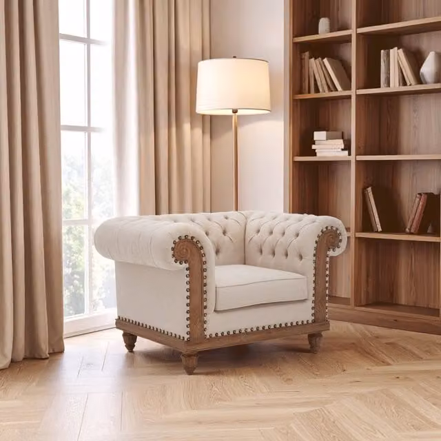 Fifty Five South Chesterfield Tub Armchair in Beige Fabric