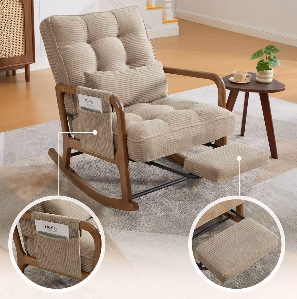 STILVORA Beige Rocking Chair with Adjustable Footrest, Side Pocket and Armrests – 5
