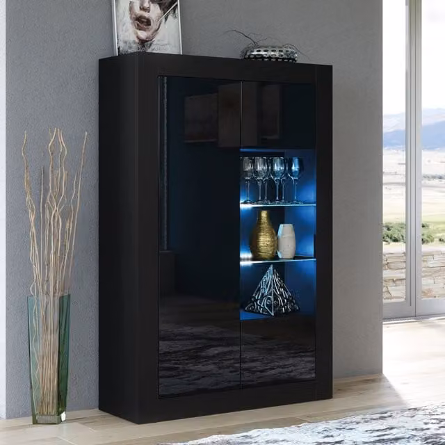 Creative Furniture Arcadia Black Glossy Display Cabinet with Glass Doors and Integrated Lighting W/D/H: 140 x 35 x 93 cm – 1