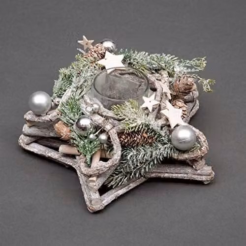 Shatchi Star Shape Wooden Candle Holder Tabletop Centrepiece with Red and Silver Baubles, Berries and Cones, W/D/H: 24 x 24 x 11 cm – 1
