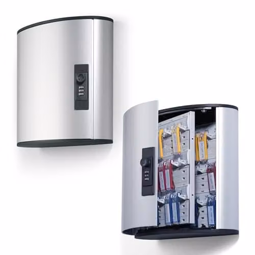 Durable Key Safe Box 36 Silver Aluminium Wall Mounted Key Holder Cabinet with Combination Lock and 6 Key Clip Tags