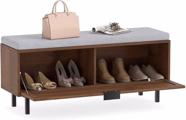 Costway Brown Shoe Storage Bench with Padded Fabric Cushion and Hidden Shoe Cabinet – 1