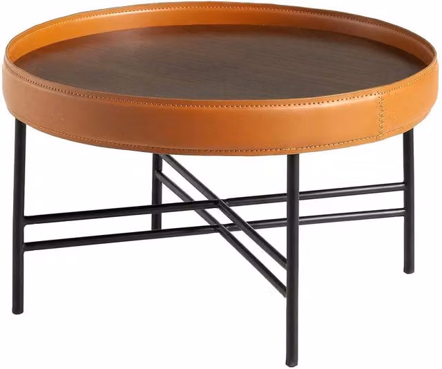 Angel Cerda Round Coffee Table with Walnut Top and Black Steel Legs in Orange, Black and Brown, Diameter: 62 cm, Height: 35 cm