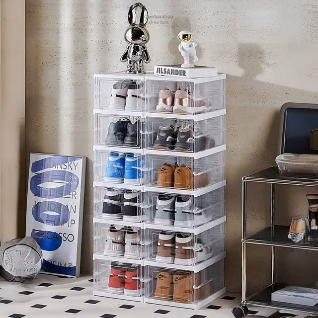 Komore 6 Tier Foldable and Stackable Transparent Shoe Storage Box, W/D/H: 25.5 x 25.5 x 25.5 cm