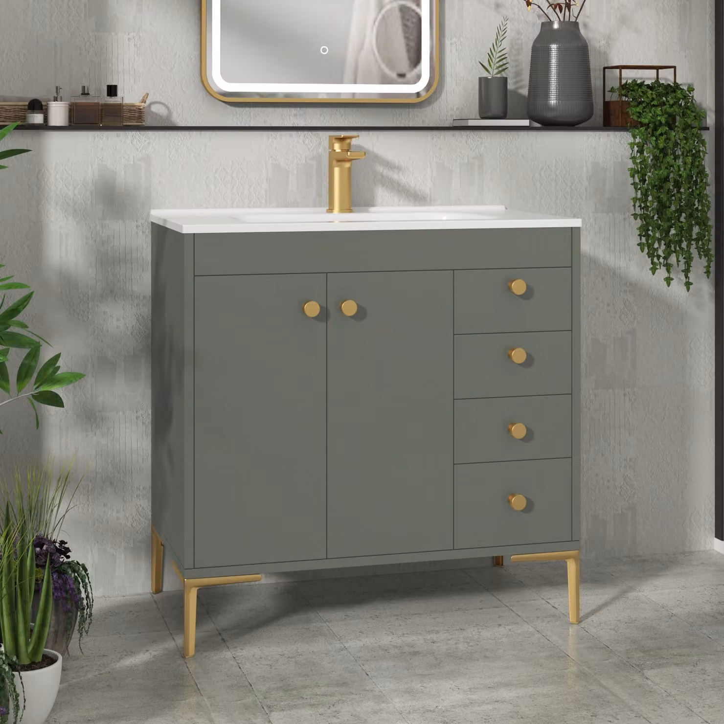 Royal Bathrooms Verona Matt Green Floor Standing Vanity Unit with Ceramic Basin and Brushed Brass Knob, Width: 80 cm