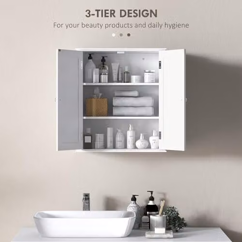 HOMCOM Modern White Wall-Mounted 3-Tier Bathroom Cabinet, W/D/H: 53 x 22 x 61 cm – 3