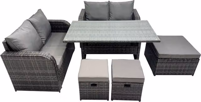 Fimous Outdoor Furniture Love Sofa Dining Table Set with 3 Stools in Dark Grey – 1