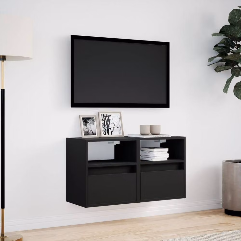 Berkfield Home Set of 2 Black Wall Mounted TV Cabinets with LED Lighting, W/D/H: 41 x 31 x 45 cm – 3