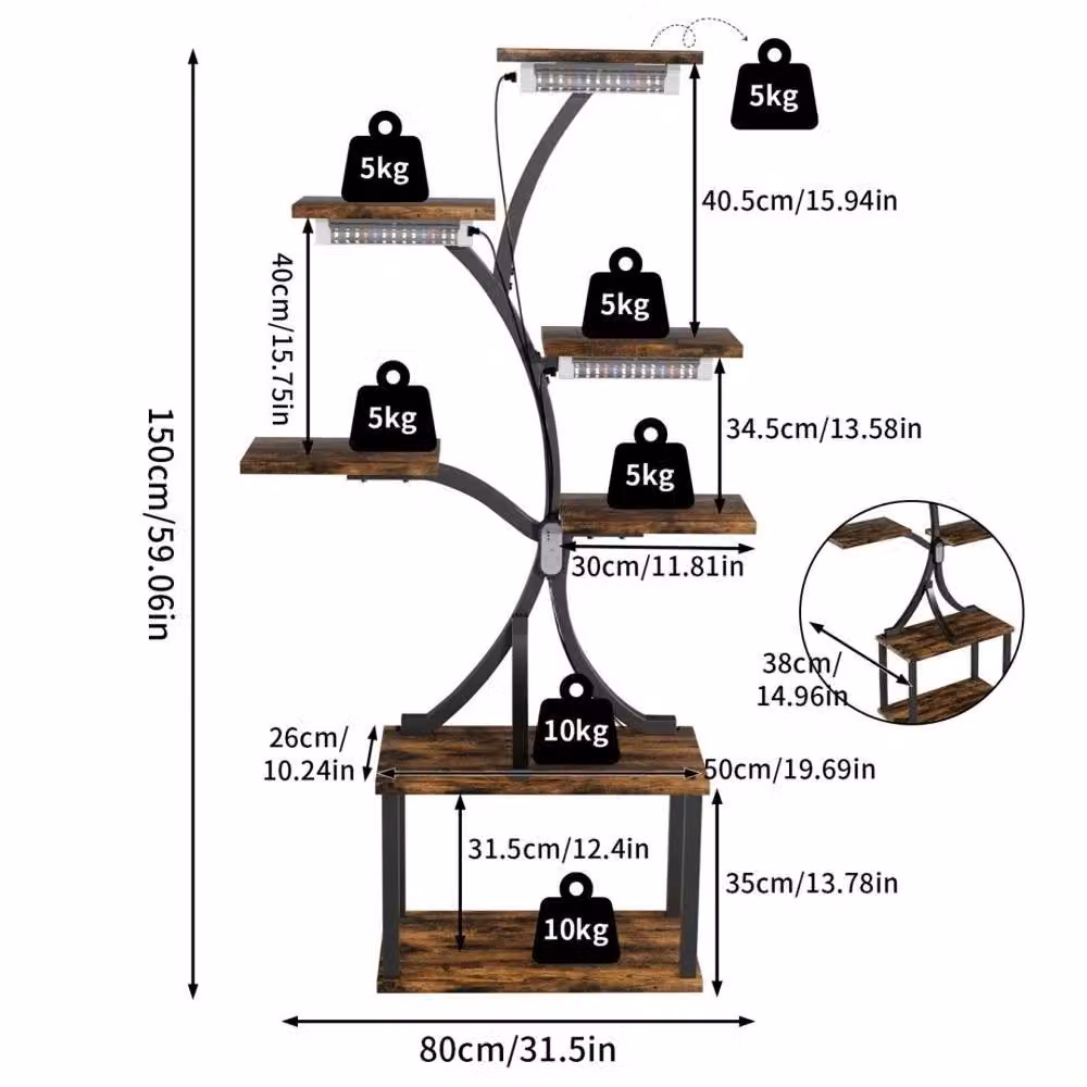 Havendro Large Metal Plant Stand with Grow Lights in Black, W/D/H: 150 x 80 x 150 cm – 2